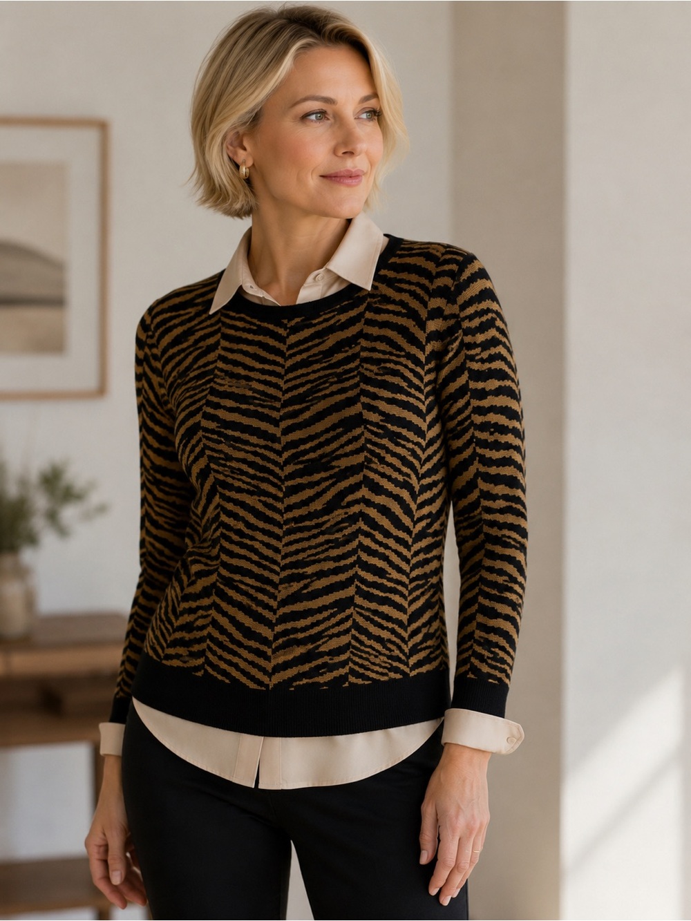 Doncaster Italy Black and Camel Zebra-Print Merino Wool,Cashmere, Silk Sweater M
